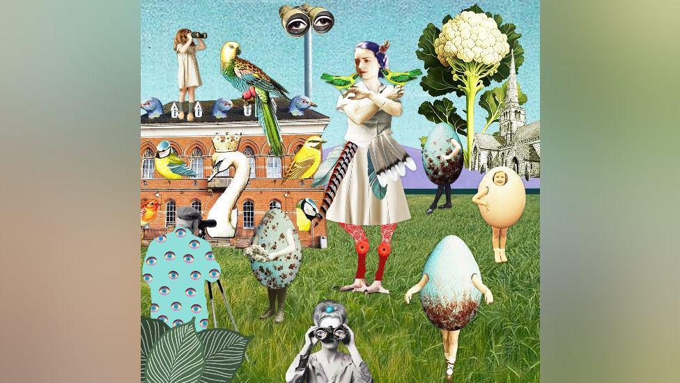 A surrealist-style art collage. Emmy Bridgwater's face is superimposed onto a body wearing a dress, with red legs and bird feet. Around her is green grass, with eggs that have arms and legs, a large cauliflower tree, and binoculars with eyes. There is a building that is covered in birds including a swan wearing a crown and blue tits.