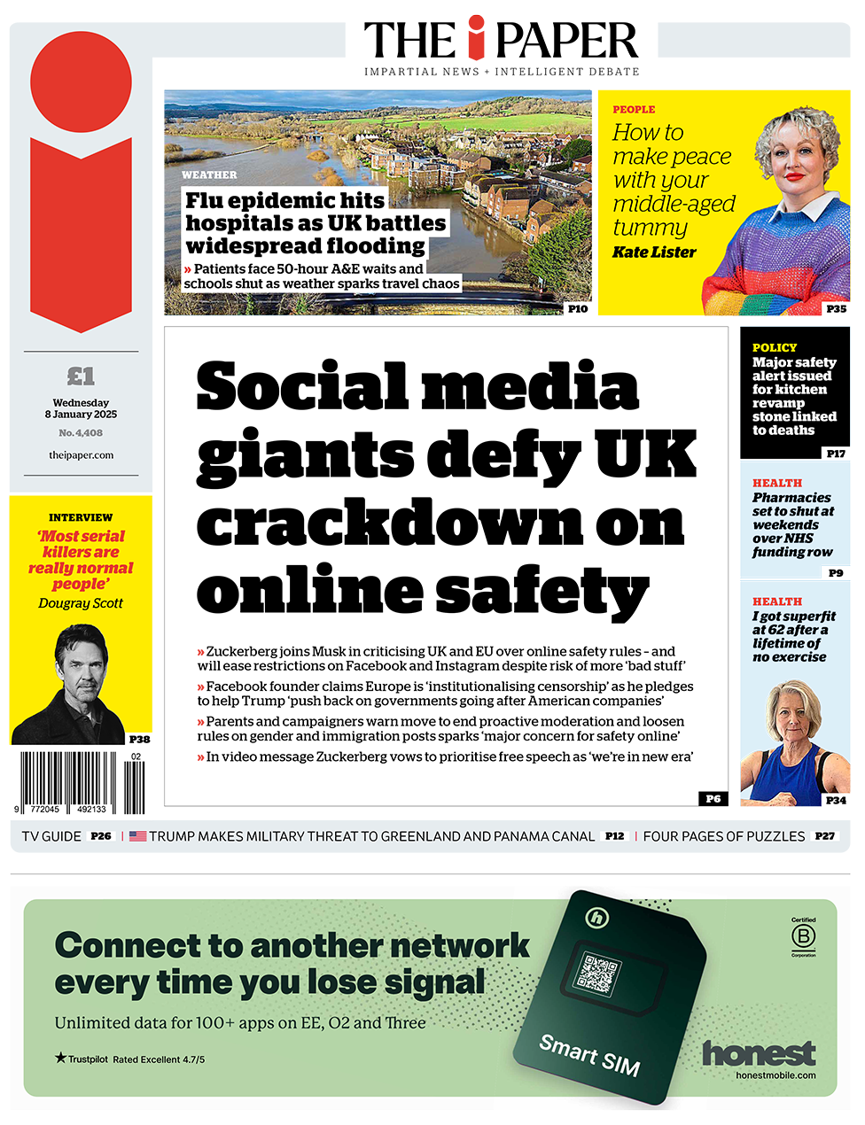 The headline in the i reads: "Social media giants defy UK crackdown on online safety". 