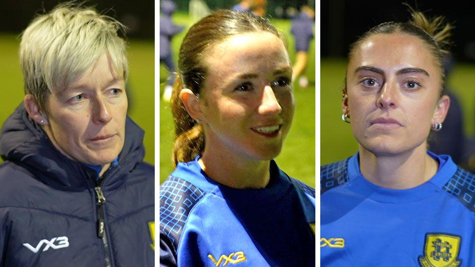 Bonnie Horwood on the left has short blonde hair, wearing her Hashtag United training coat. Emma Samways, centre, smiling at the camera, wearing her blue Hashtag United training top. Similarly dressed, Charlotte Kellett looks at the camera with a stern look. 