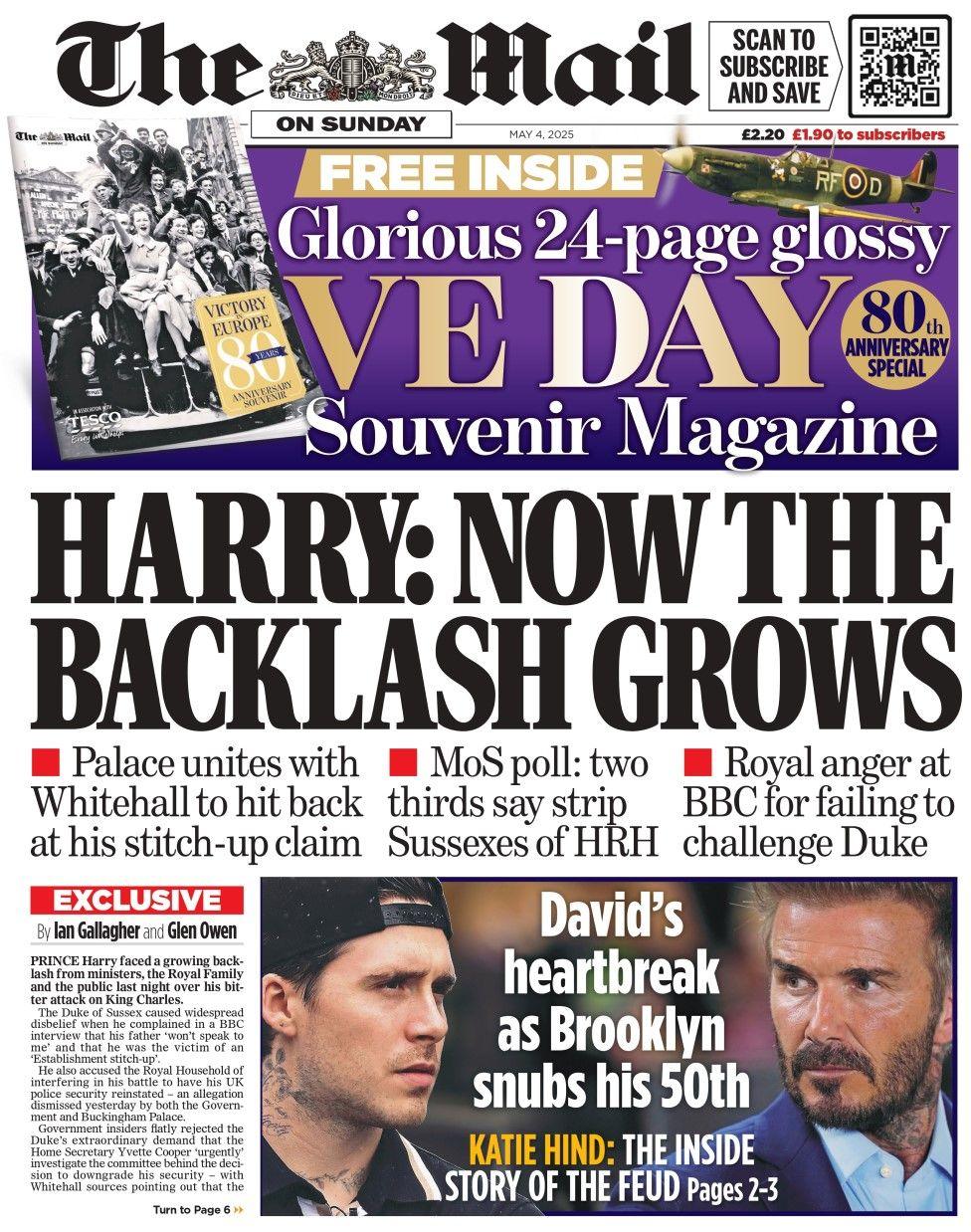 The headline in the Mail on Sunday reads: Harry: Now the backlash grows