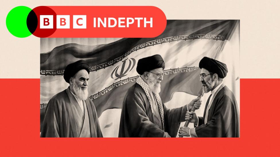 A billboard featuring the images of the late founder of the Islamic Revolution supreme leader Ayatollah Ruhollah Khomeini (L), the Iran's slain supreme leader Ali Khamenei (C) and his son, the current supreme leader Mojtaba Khamenei, along the street in Tehran