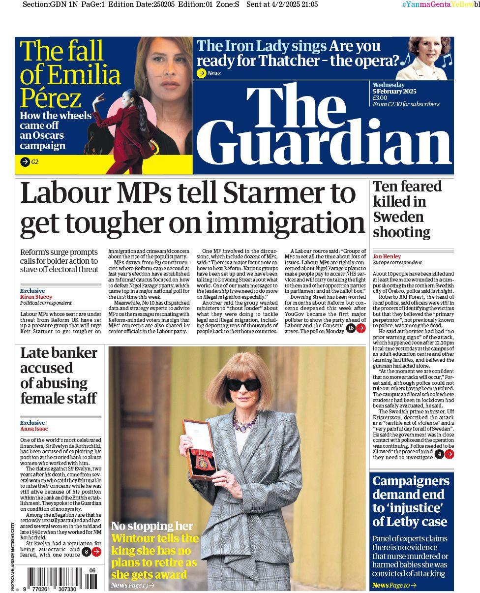 Guardian front page with the headline: Labour MPs tell Starmer to get tougher on immigration