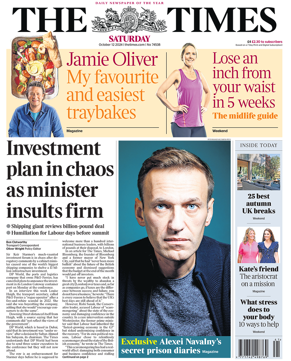 Times front page with headline: "Investment plan in chaos as minister insults firm"