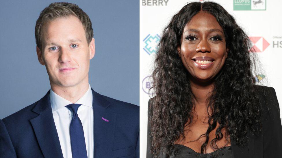 Dan Walker (left) wearing a suit with a dark blue tie, against a blue background, and Claudia-Liza Vanderpuije (right) wearing a black ensemble, against a white background
