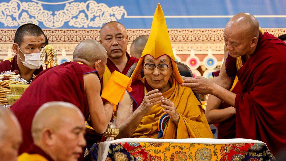 Tibetan spiritual leader the Dalai Lama (C) attends a Long Life Prayer offering ceremony at the Main Tibetan Temple in McLeod Ganj, near Dharamsala on June 30, 2025.