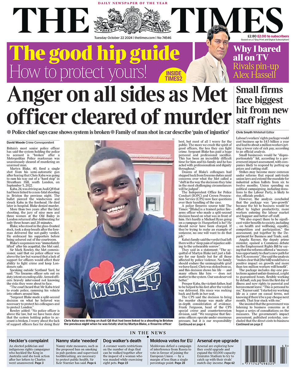 The headline in the Times reads: "Anger on all sides as Met officer cleared of murder". 