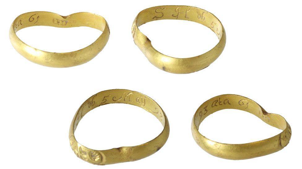 Four views of 17th Century mourning ring showing the inscription etched within. The words are SH ob 5 May 93 aeta 61, which has been interpreted to mean  SH died 5th May 1693 aged 61