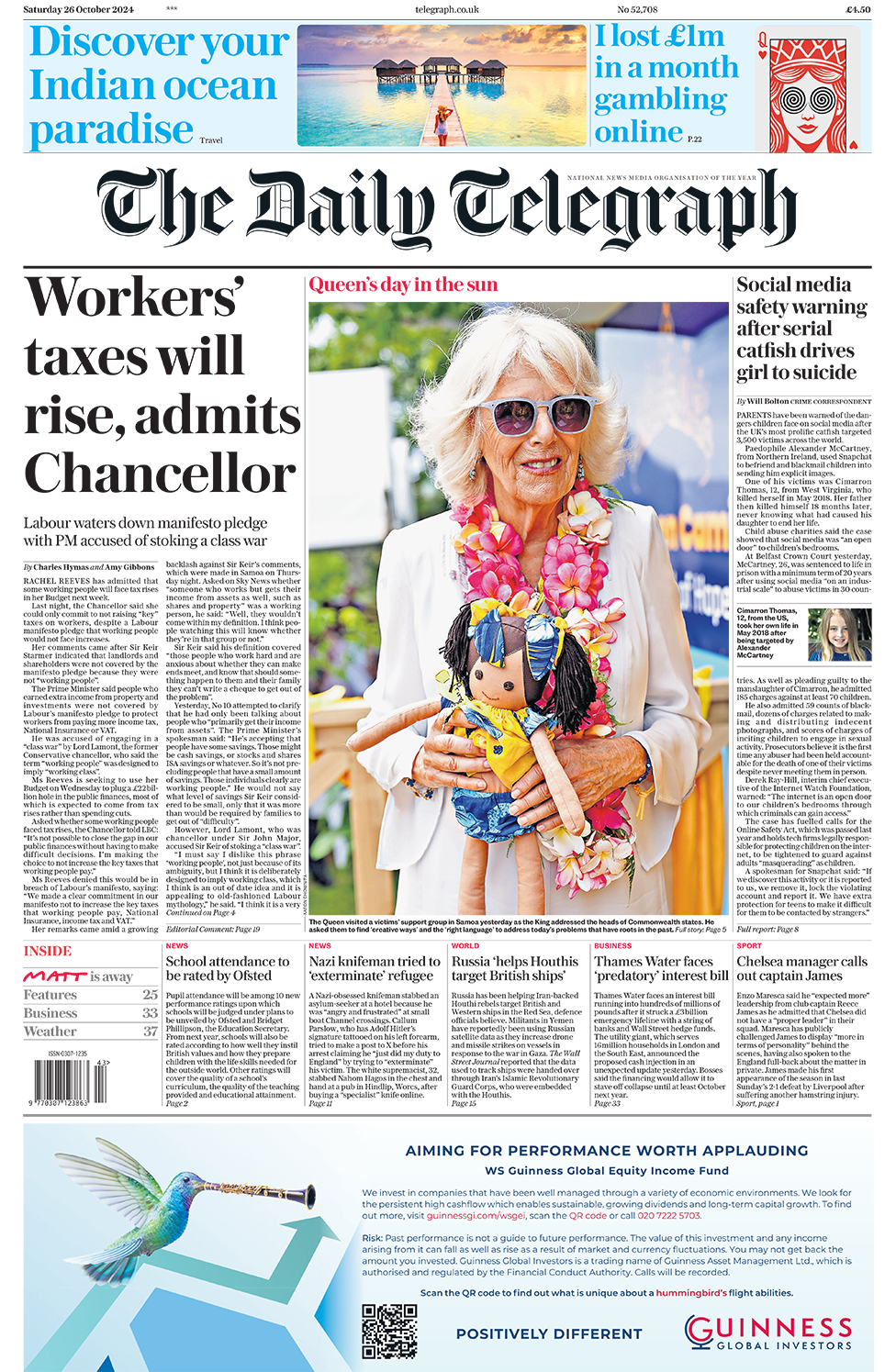 The headline on the front page of the Daily Telegraph reads: "Workers' taxes will rise, admits Chancellor"