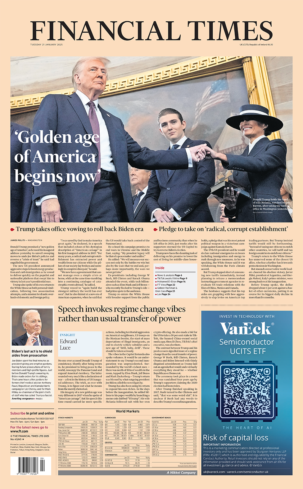 The headline in the Financial Times reads: "'Golden age of America begins now'". 