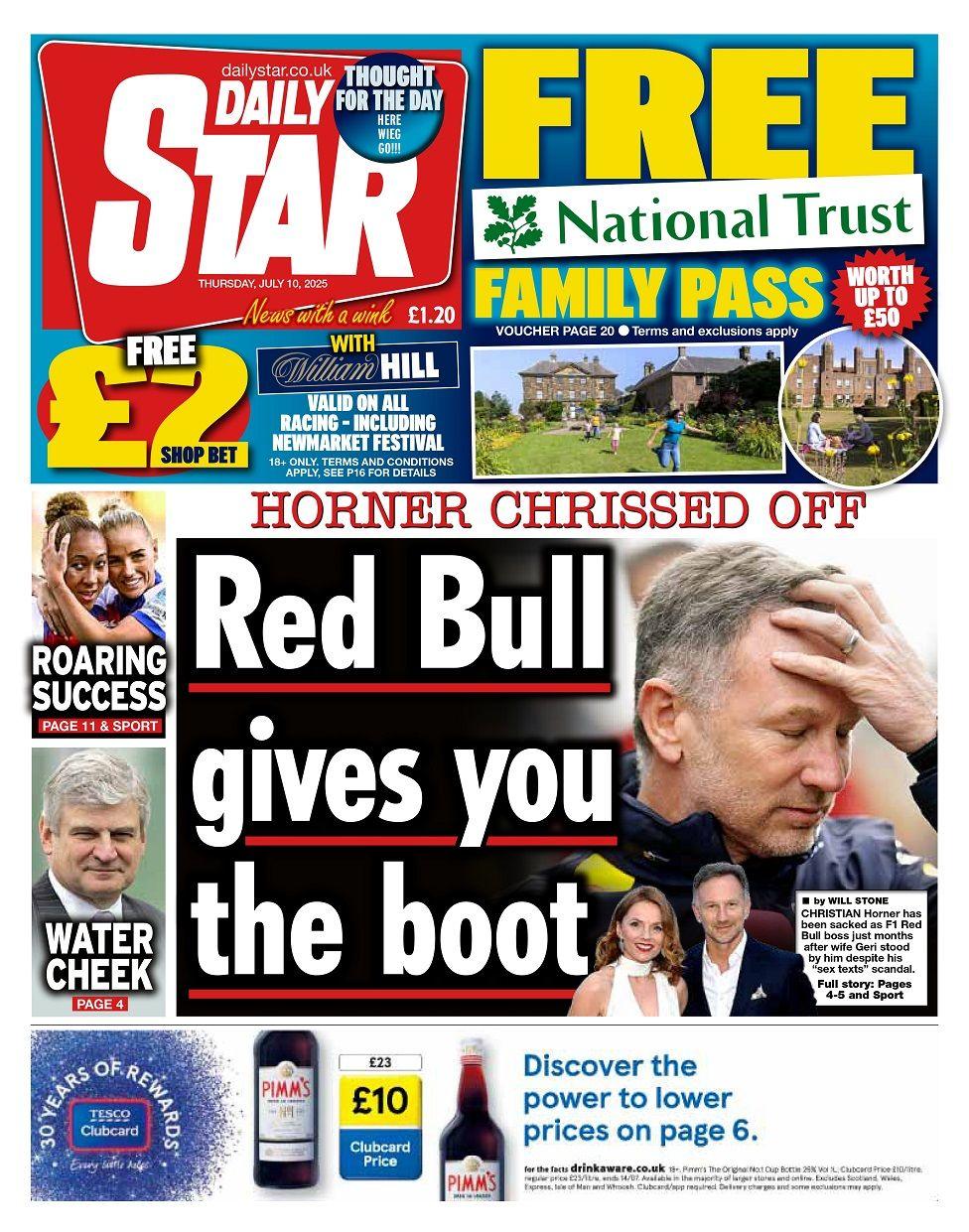 "Red Bull gives you the boot" is the headline on the front page of Thursday's Daily Star.