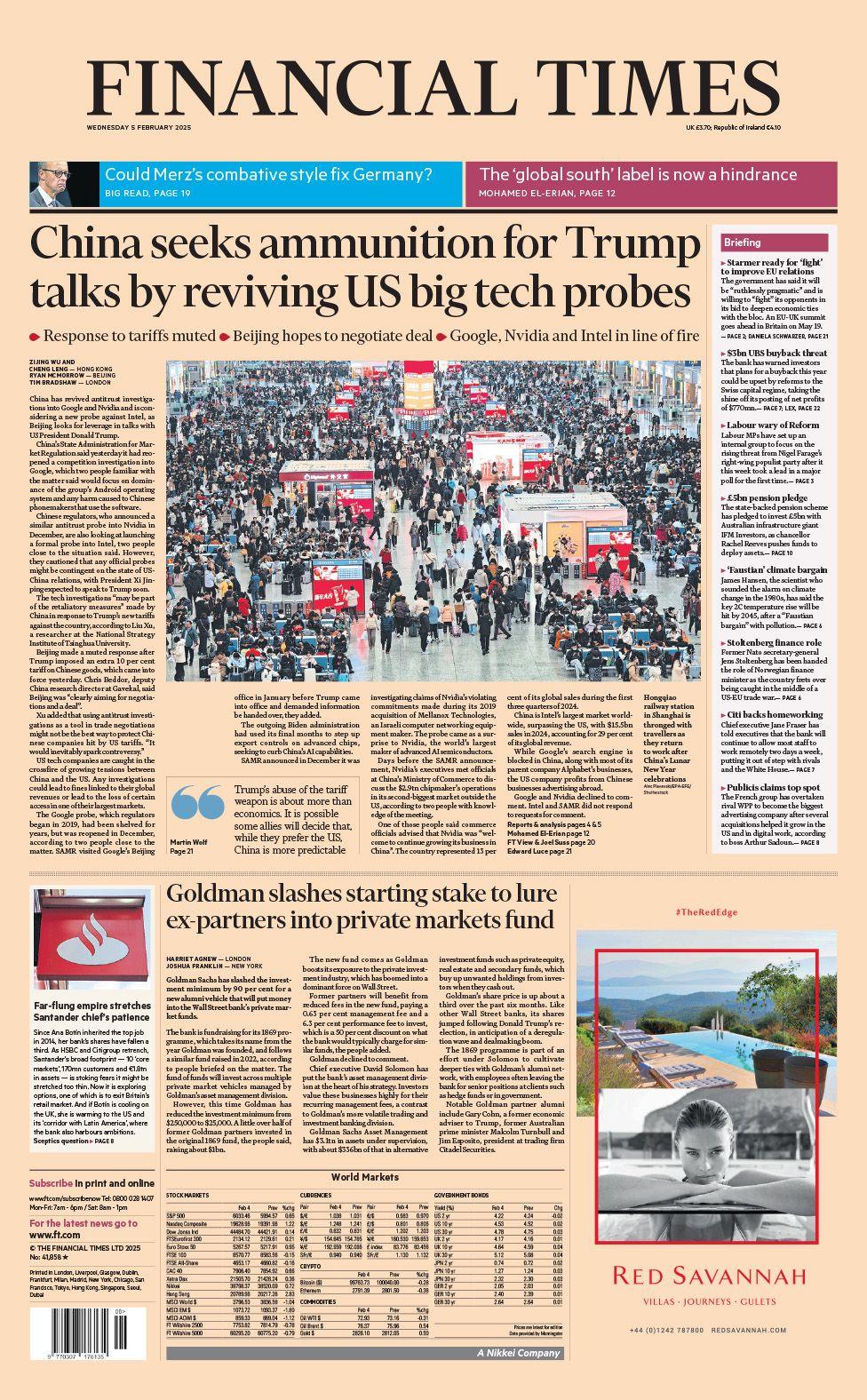 Financial Times front page with headline: China seeks ammunition for Trump talks by reviving US big tech probes