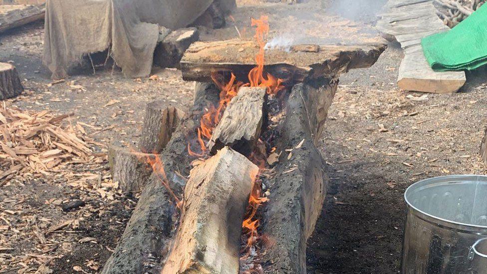 A log with pieces of wood lying in its hollow on a bed of ash and fire fickering around its hollowed edges, Stanwick Lake