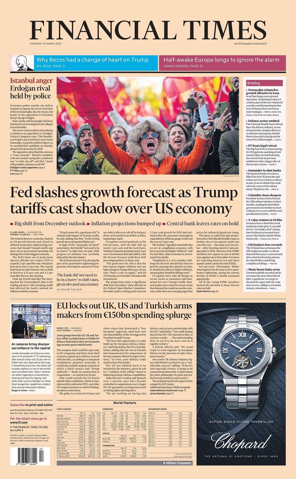 Front page of the Financial Times for Thursday 19 March 2025.