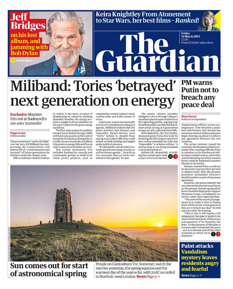 Front page of the Guardian for Friday 21 March 2025.