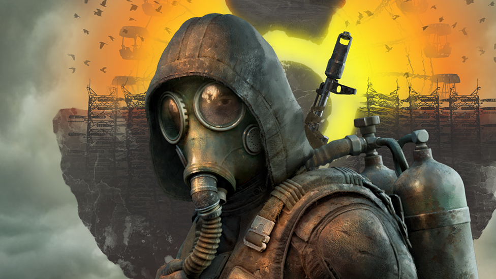 A computer-generated rendering of a character wearing an old-fashioned gas mask with a hose connecting the mouthpiece to an oxygen tank on their back. They wear a thick coat with the hood up, and in the background an abstract image of exploding metal structures is visible.