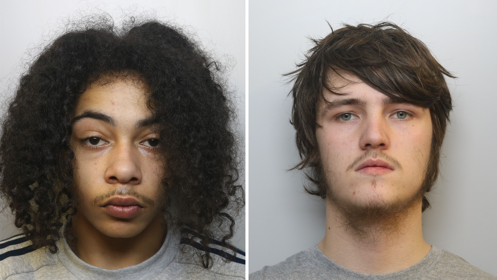 Two police mugshots. The one on the left is of Kodishai Westcott, 17, who has long dark-brown curly hair. On the right is Riley Tolliver, 18, who has medium-length dark brown hair. Both are wearing light grey tops.