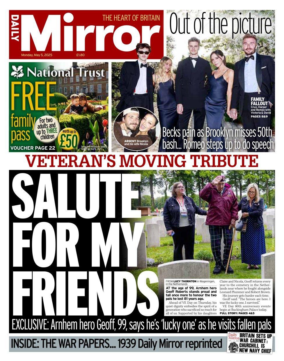 The headline in the Daily Mirror reads: Salute for my friends