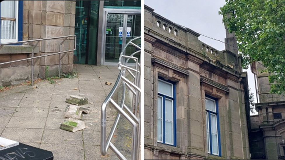 Composite image showing three large blocks of masonry on a pavement as well as the top of the town hall where they are believed to have fallen from