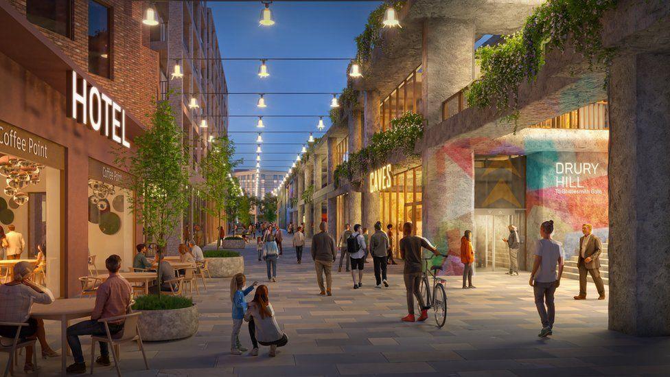 An artist's impression of the Broad Marsh masterplan. CGI images of people walking around the site with a hotel to the left of the image and shops on the right.