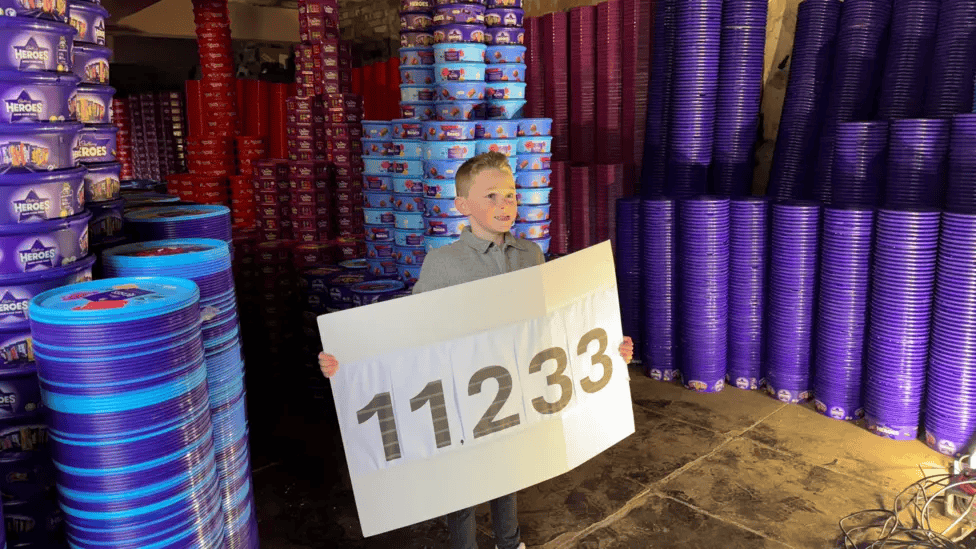 Teddy holding a sign saying 11233 surrounded by colourful sweet tubs