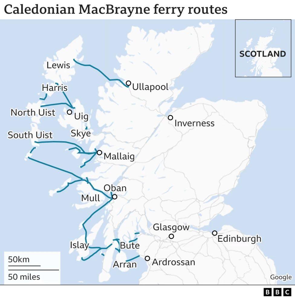 A map of Scotland in a graphic headlined: Caledonian MacBrayne ferry routes. It shows where CalMac sails to and the map is marked with placenames, including Lewis, Oban and Islay.