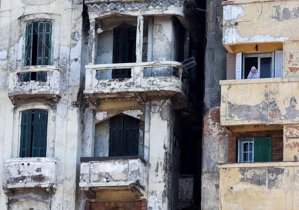 A view shows dilapidated balconies on Alexandria’s corniche.