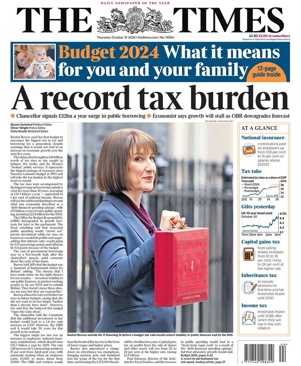 The headline in the Times reads: "A record tax burden".