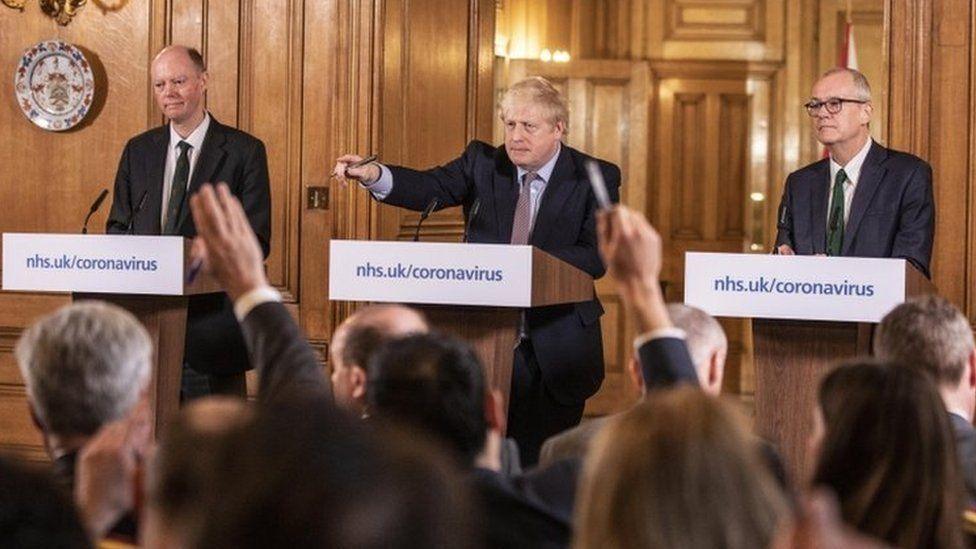 Syr Chris Whitty, Boris Johnson a Syr Patrick Vallance