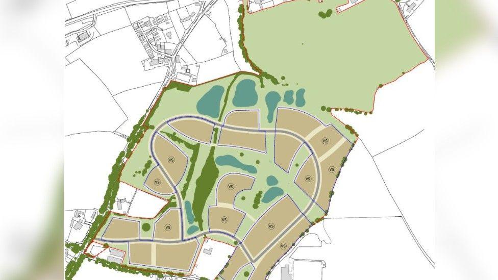 A map showing where the homes and the access road joining Oldford Hill would be. It shows the homes in the south of the site and open land in the northern part.