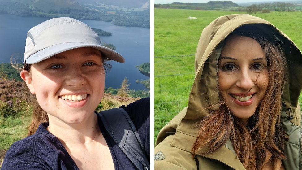 Two selfies side by side of Hannah Morley and Geeta Ludhra. They are both smiling widely at the camera. Hannah is standing high on a hill with a large lake behind her. She wears a grey baseball cap, navy top and a rucksack. Geeta has a brown warm mackintosh with the hood up and behind her is a field with sheep, and hill in the distance.