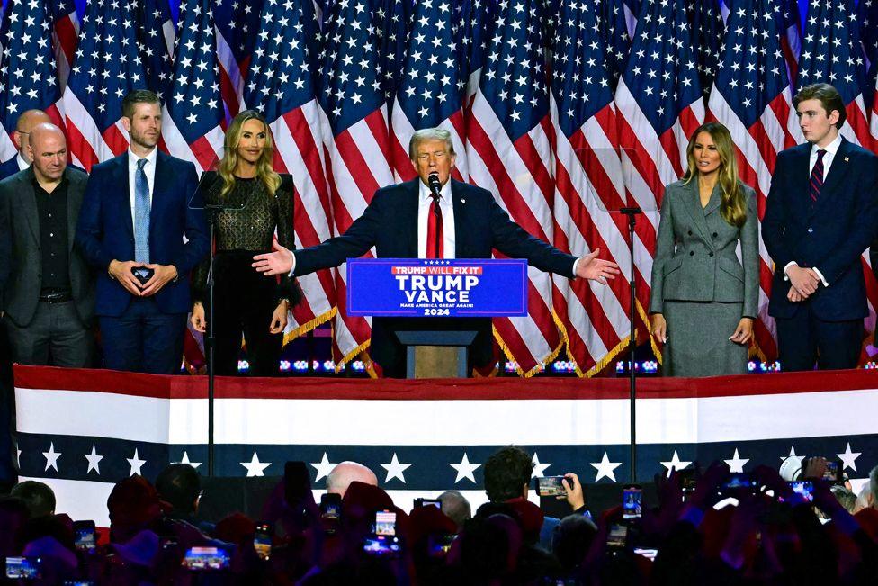 Former US President and Republican presidential candidate Donald Trump speaks during an election night event at the West Palm Beach Convention Center in West Palm Beach, Florida, on November 6, 2024. 