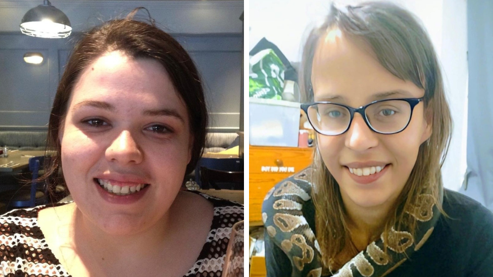 A composite image of both Joanne Pearson and Teohna Grant. Joanne has brown hair and is smiling while wearing a black and white striped top while sat in a restaurant. Teohna has long, light brown hair and glasses with black rims. She is smiling and has a snake around her neck.