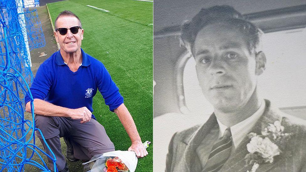 Two photos has been positioned next to each other. The image on the left shows Barry Morris wearing a blue Everton top. He is laying down flowers on the pitch side near where his father's ashes are buried. The photograph on the right is of George in a suit on his wedding day.