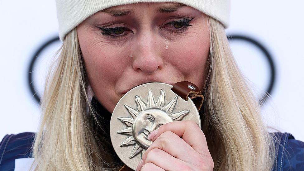 USA's Lindsey Vonn celebrates second place on the podium in the women's Super-G during the World Cup finals at Sun Valley Resort, Idaho, on 23 March.