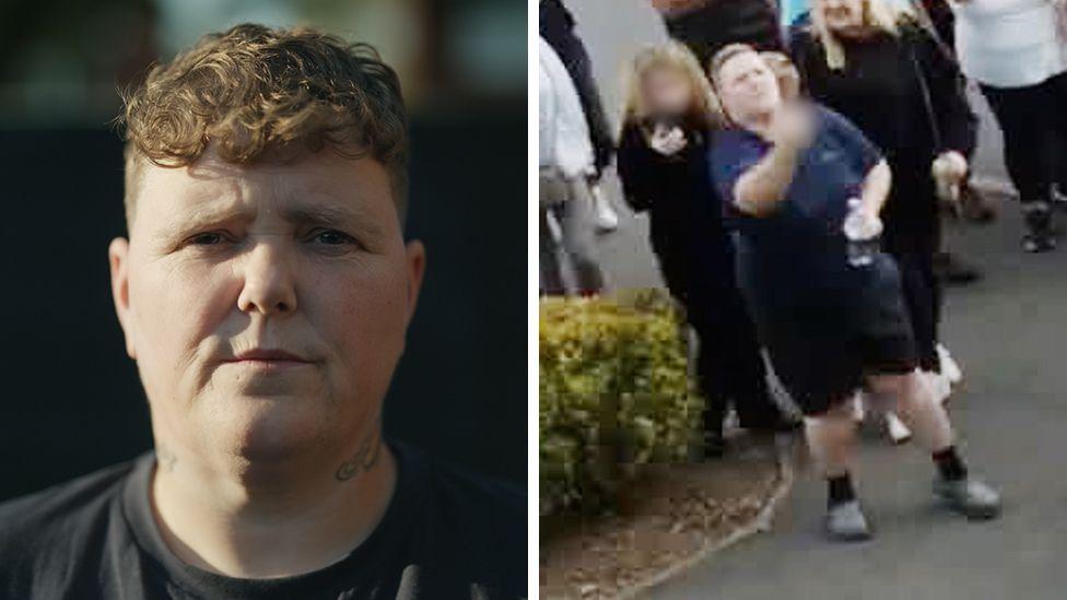 A close-up of Amy Hodgkinson-Hedgecox, a woman with short brown hair and brown eyes, looking to straight at the camera with the background blurred. Alongside, is an image of the same woman making a rude gesture at a protest in Tamworth in August 2024
