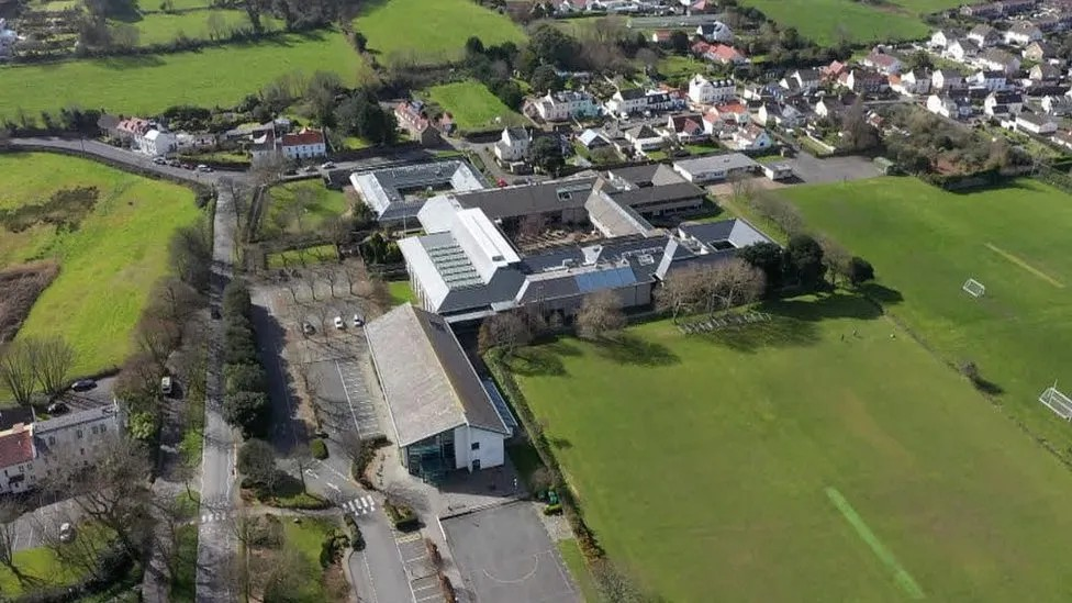 A school from the air, surrounded by fields.