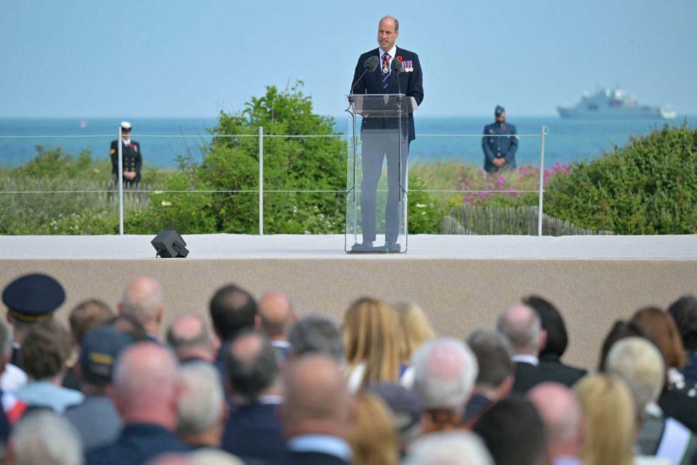 Britain's Prince William, the Prince of Wales delivers a speech during the Canadian commemorative ceremony marking the 80th anniversary of the World War II "D-Day" Allied landings in Normandy, at the Juno Beach Centre near the village of Courseulles-sur-Mer, in northwestern France, on June 6, 2024. 