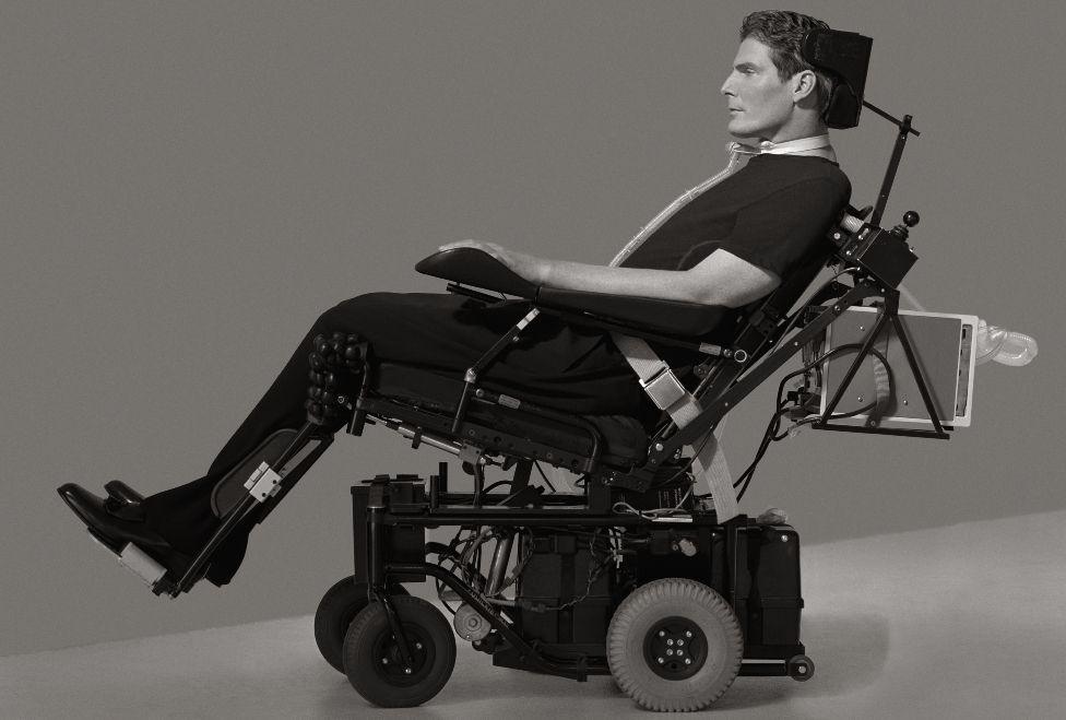 Christopher Reeve in a custom-built wheelchair