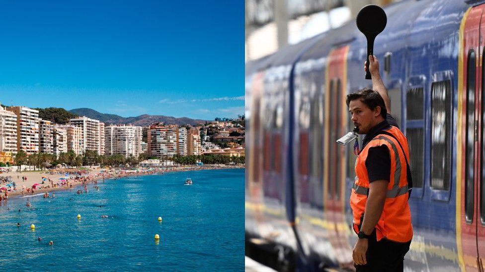 A composite image showing a sunny beach with high-rise buildings in the background. The other image is of a male rail work with a fluro vest on in front of a train.