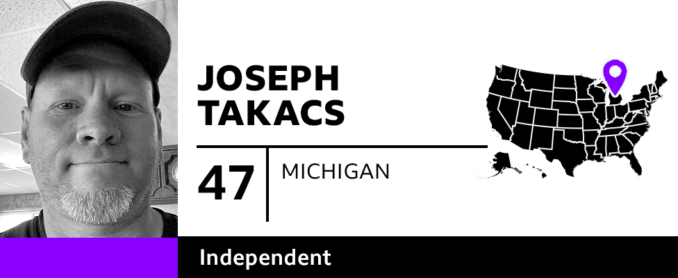 Graphic with photo of Joseph Takacs, 47, of Michigan