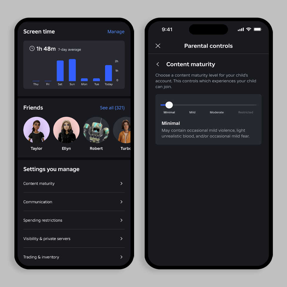 Two screengrabs from smartphones show how Roblox's parental controls dashboard will appear to users. The left screengrab shows a child's screen time, friends and a list of settings the parent user can manage. The screenshot on the right gives them options to control the maturity of the content their child views.