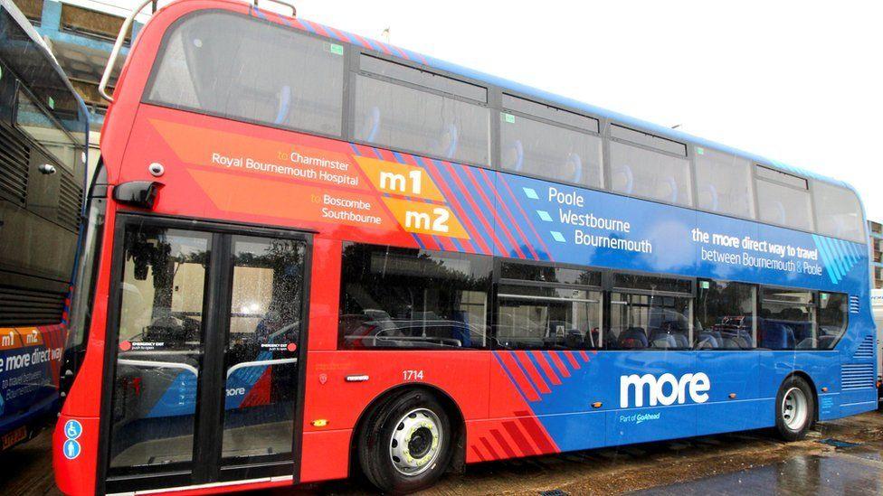 A red and blue bus with m1 and m2 written on the side