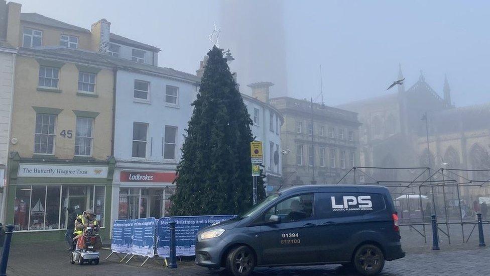 A Christmas tree in a shopping square with a navy coloured transit van parked in front