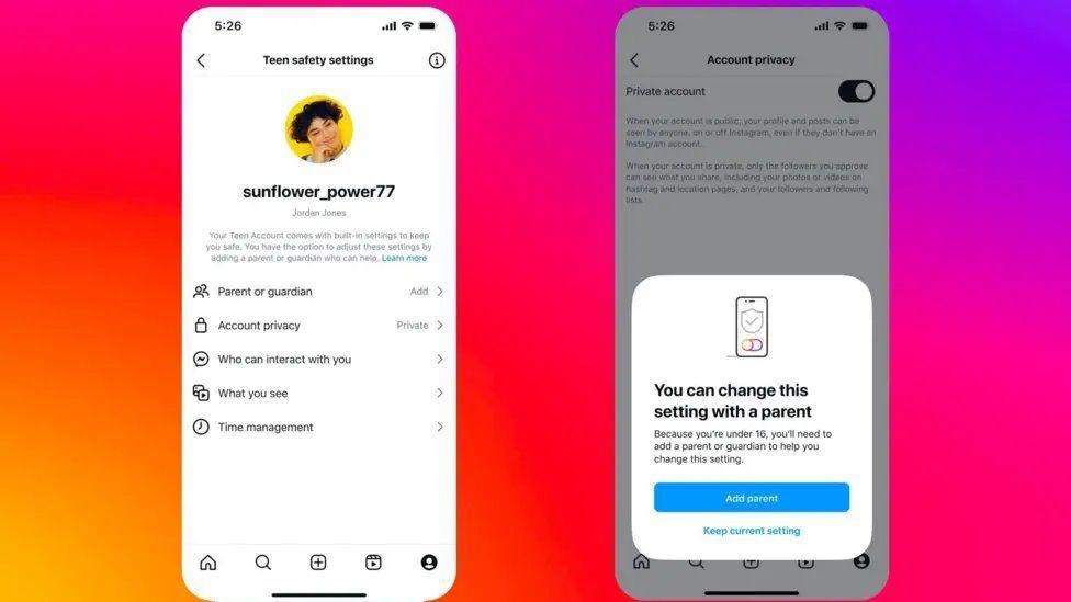 Two illustrative graphics from Instagram show how some teens on the platform will be prompted to add a parent or guardian to their account if they try to change default privacy settings. The first shows the option add a parent or guardian on a "teen safety settings" menu. The second shows an alert popping up to tell a user trying to toggle off the default private account setting. 
"You can change this setting with a parent" it says, highlighting a button letting the user add a parent or keep their current setting.