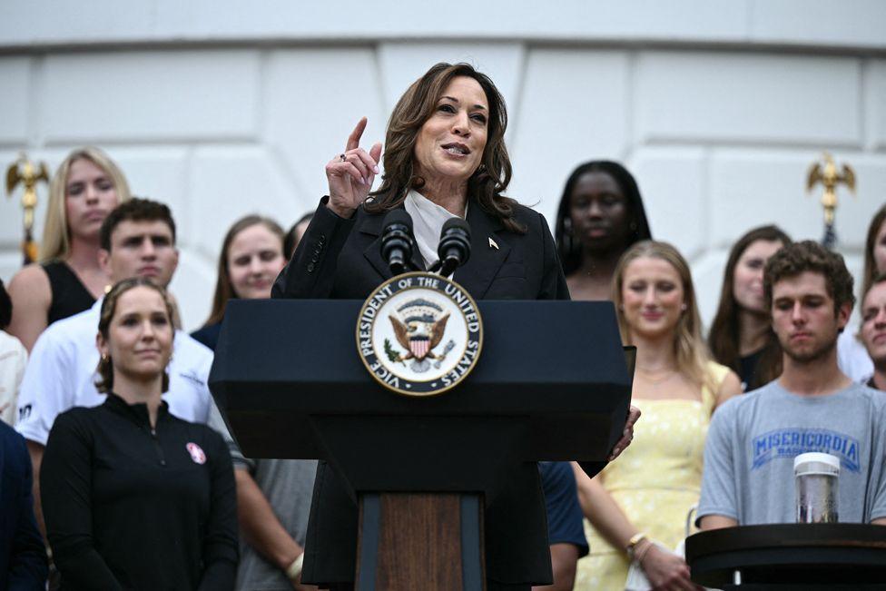 US Vice President Kamala Harris speaks during an event on the South Lawn of the White House in Washington, DC on July 22, 2024. 