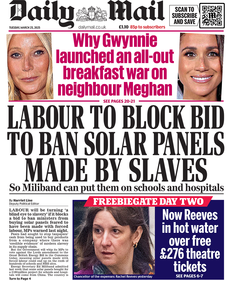 The Daily Mail front page with headline: "LABOUR TO BLOCK BID TO BAN SOLAR PANELS MADE BY SLAVES"