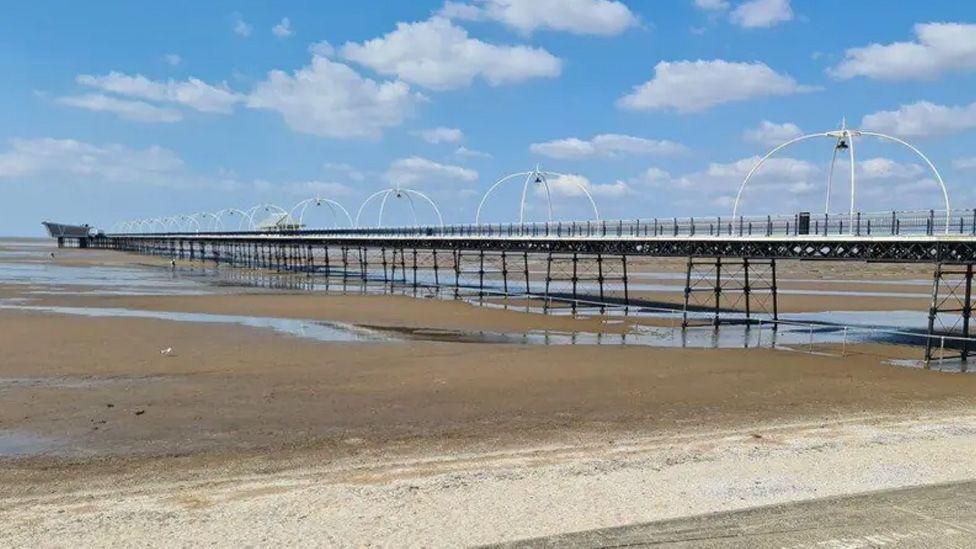 A Victorian pier stretching out across large sandy beach