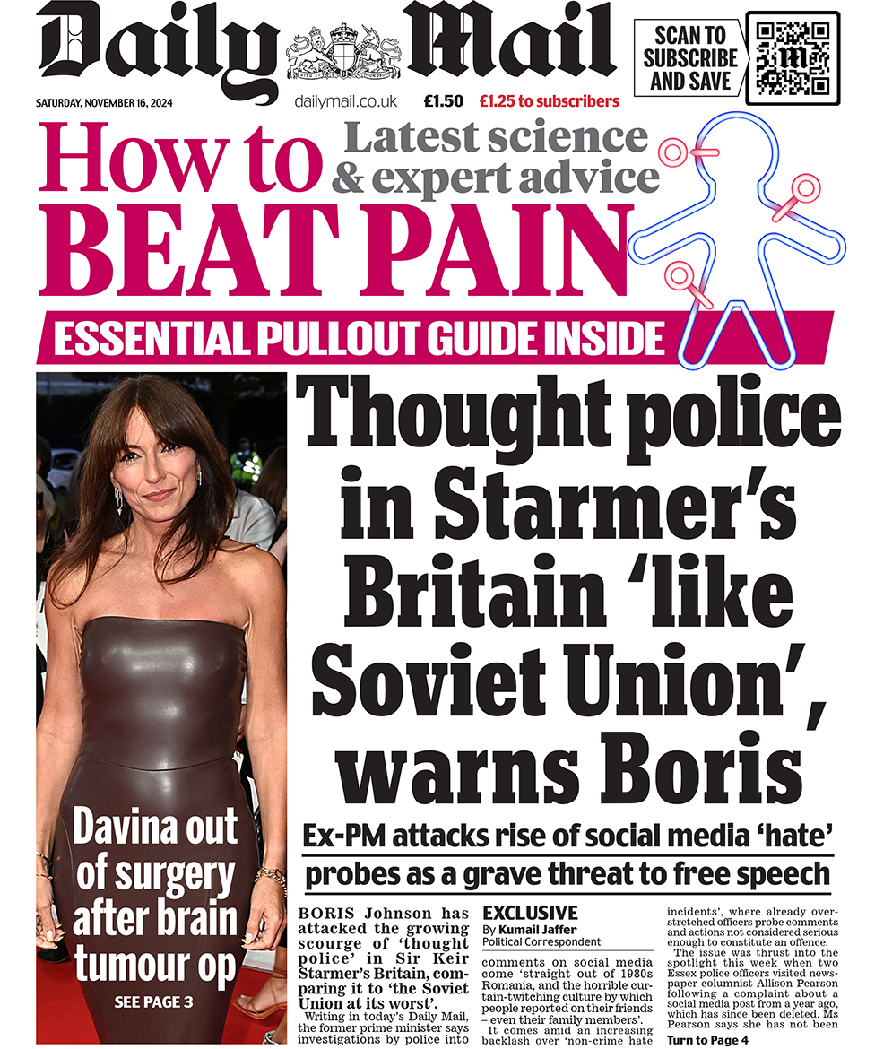 The Daily Mail headline reads: "Thought police in Starmer's Britain 'like Soviet Union' warns Boris"