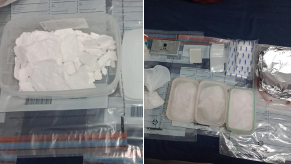 A collage image showing large amounts of cocaine which were found at a drug dealer's home.