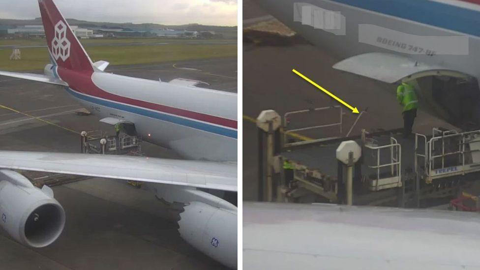 Two images side by side, separated by a white line in the middle. The left-hand image shows a white plane sitting on tarmac next to a runway. A man in high-visibility gear is standing on a loading platform behind the wing. The other images shows a close-up of the platform, with a yellow arrow pointing towards a fallen guardrail. A man in high-vis is looking over the fallen guardrail. 